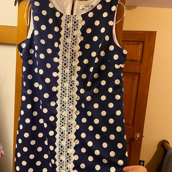 New with tags. Navy blue /white polka dot & lace mini dress. - Picture 2 of 4